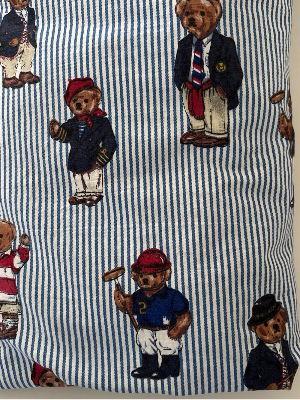 Ralph Lauren Blue and White Striped Rugby Polo Bears Full fitted sheet